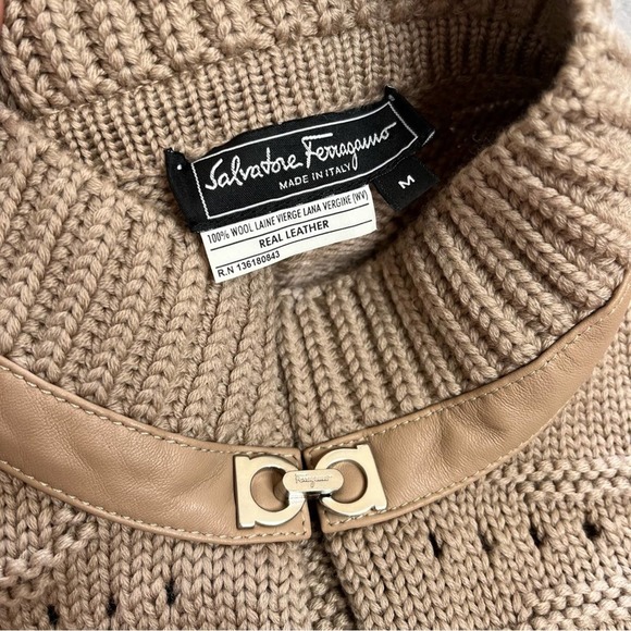 SALVATORE FERRAGAMO Tan Wool Gancini Poncho Sweater with Leather Trim M - Picture 2 of 8